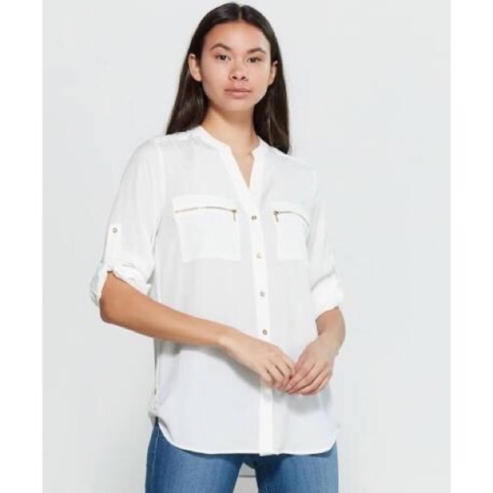 NWT Calvin Klein White Split Collar Button Down Blouse